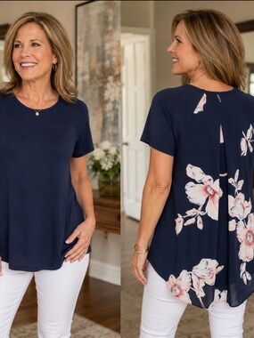 ANN TAYLOR Navy/Floral Mixed Media Top
